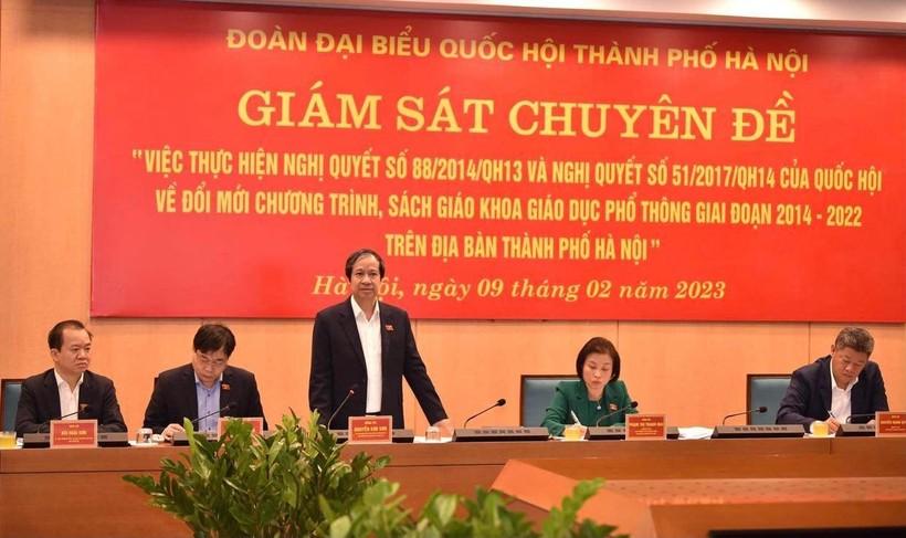 Bộ trưởng Nguyễn Kim Sơn phát biểu tại buổi làm việc của đoàn ĐBQH TP. Hà Nội với UBND TP. Hà Nội.