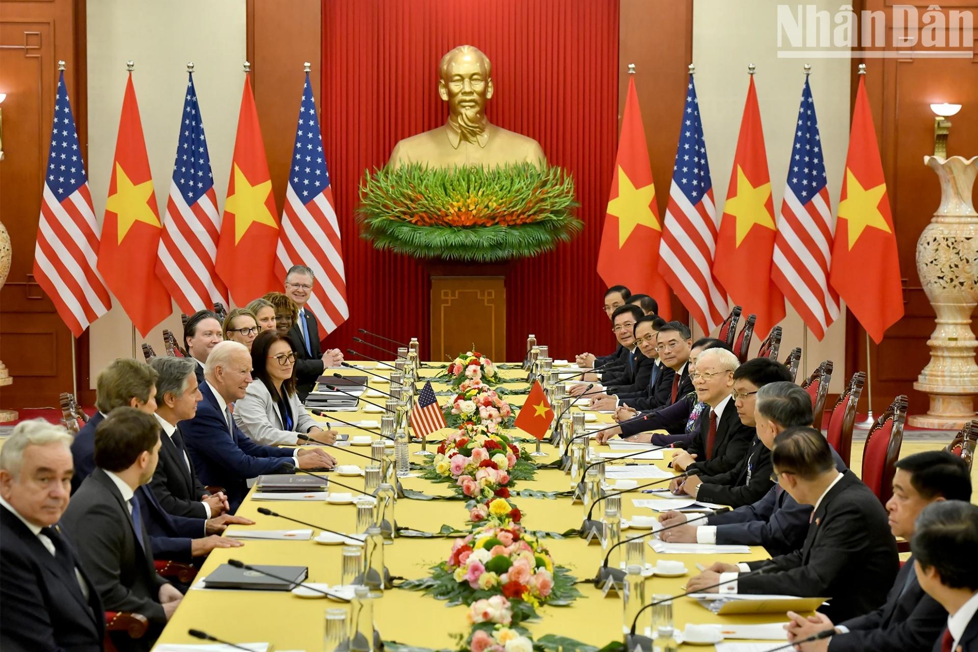 Tổng Bí thư Nguyễn Phú Trọng hội đàm với Tổng thống Hoa Kỳ Joe Biden tại Trụ sở Trung ương Đảng, ngày 10/9.