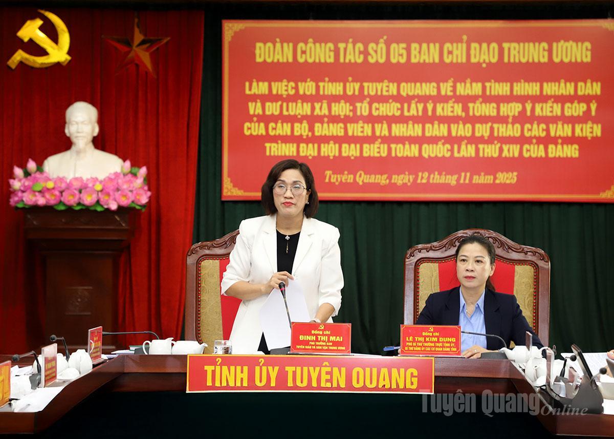 Phó trưởng Ban Tuyên giáo và Dân vận Trung ương Đinh Thị Mai phát biểu kết luận buổi làm việc.