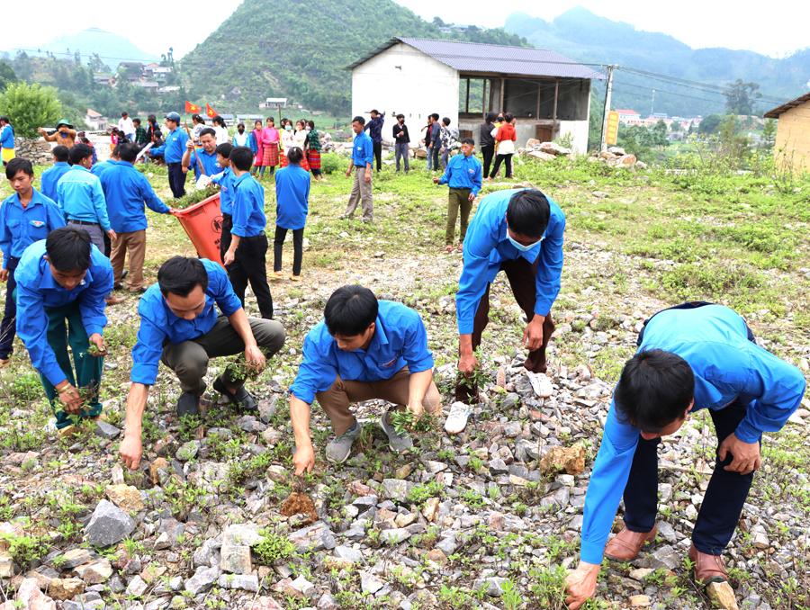 Đoàn viên thanh niên huyện Đồng Văn dọn dẹp vệ sinh khu dân cư tại xã Lũng Cú.