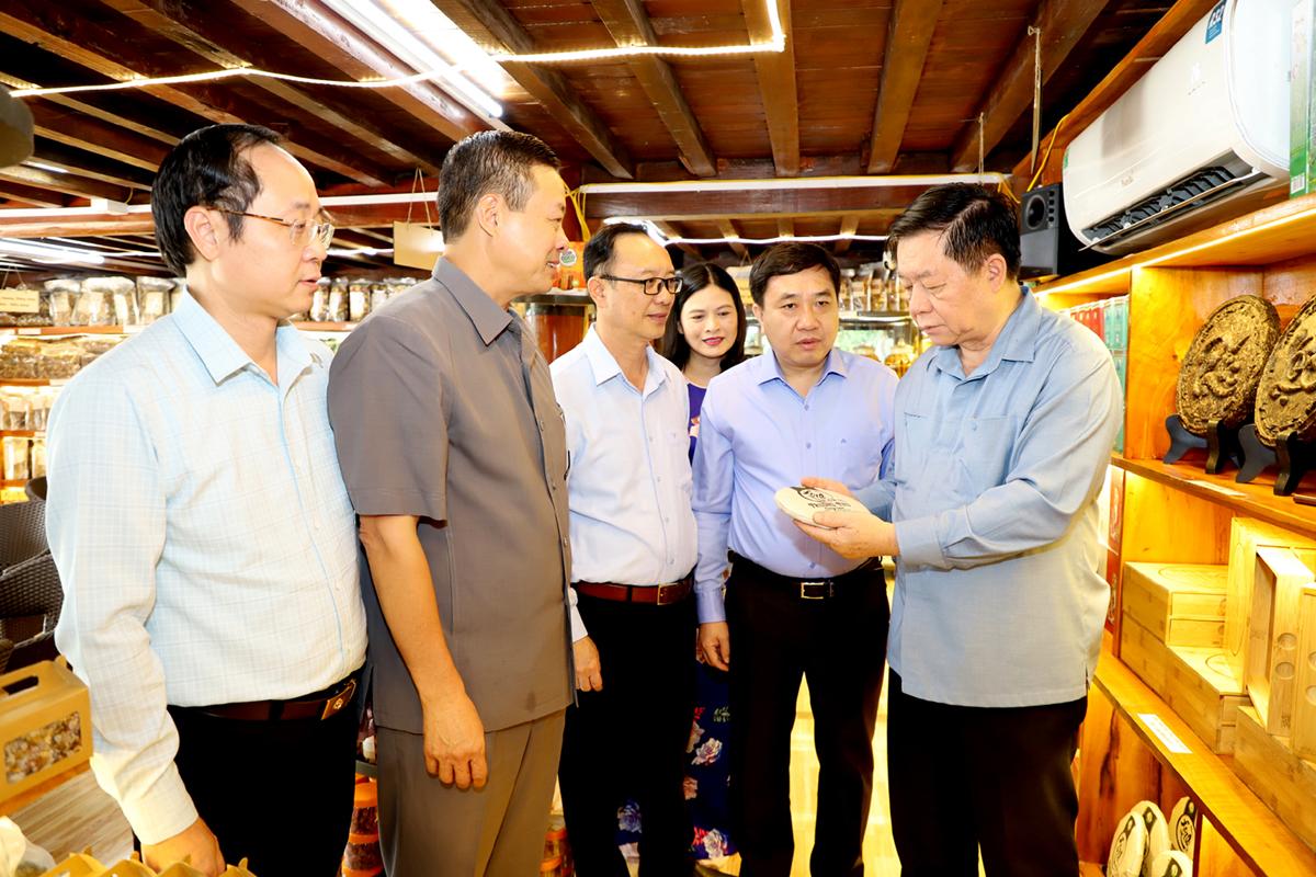 Thượng tướng Nguyễn Trọng Nghĩa, Bí thư Trung ương Đảng, Trưởng Ban Tuyên giáo Trung ương và các đồng chí Thường trực Tỉnh ủy thăm gian hàng giới thiệu sản phẩm OCOP của huyện Bắc Quang.
