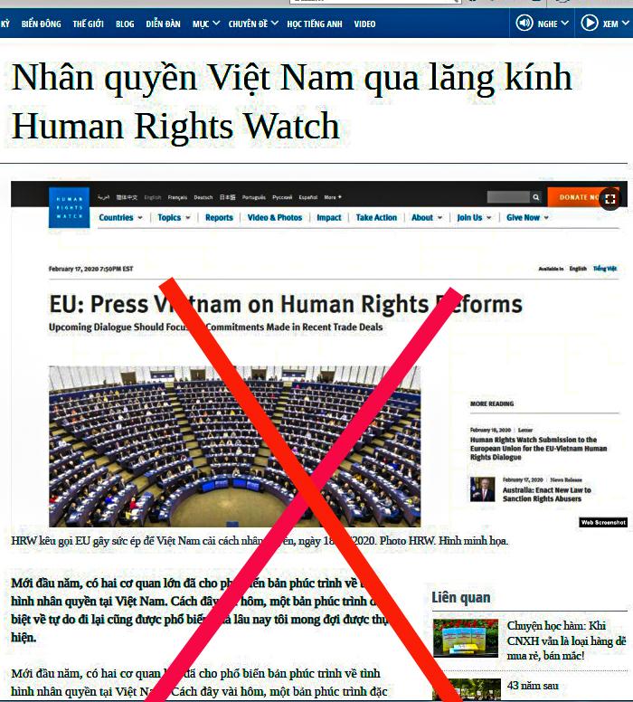 Bản phúc trình hàng năm của Tổ chức Theo dõi nhân quyền (Human Rights Watch) xuyên tạc về tình hình nhân quyền Việt Nam